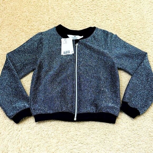 NWT H&M Silver Black Glittery Zippered Cardigan/Bomber Jacked Girl’s Sz 6X/7 - Picture 1 of 5